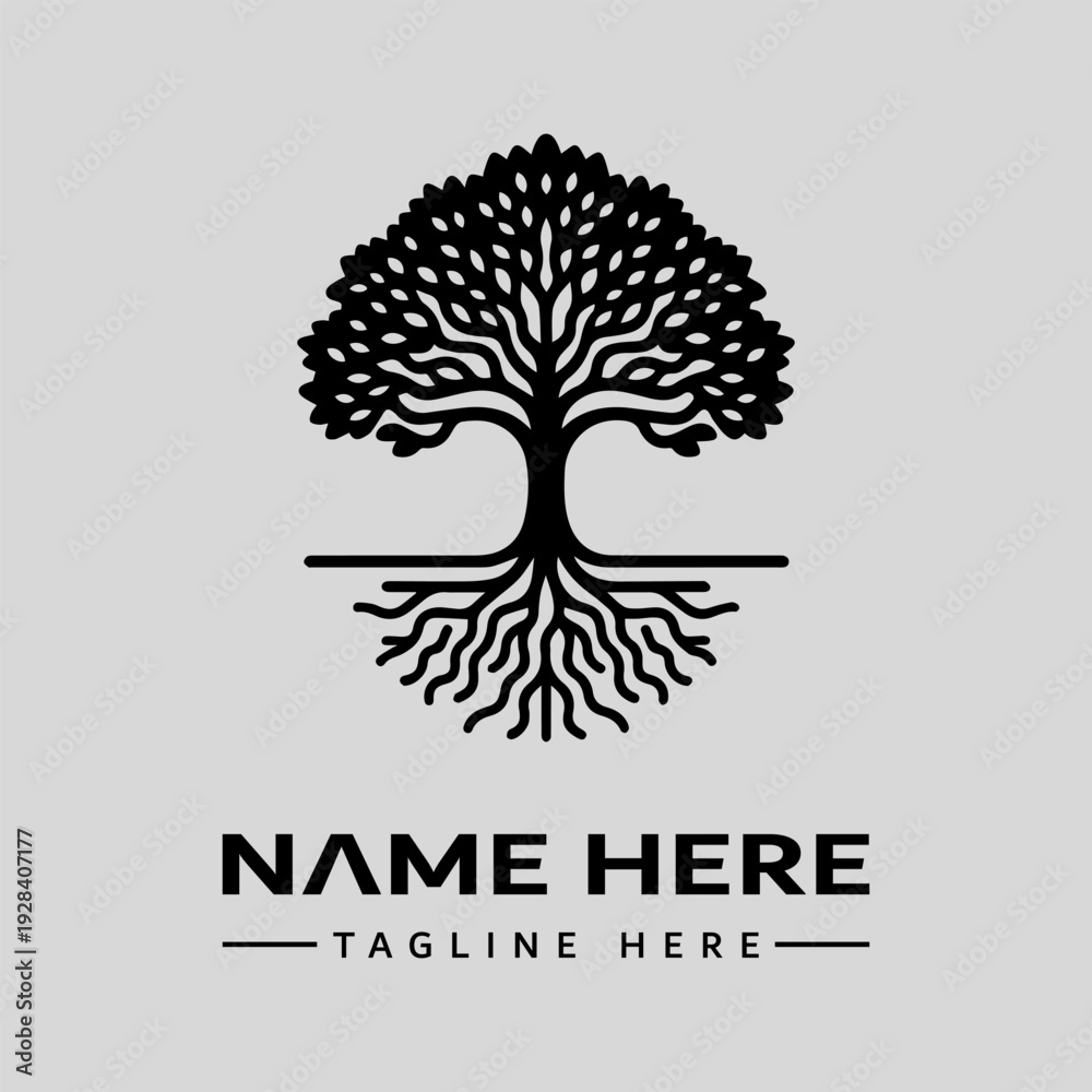 Obraz premium A black logo featuring a stylized tree with roots and leaves, accompanied by placeholder text for a name and tagline on a gray background, in a vector illustration style.