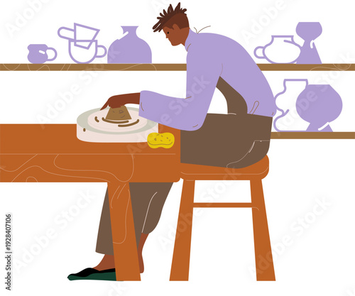 Young African American woman shaping a clay pot on a pottery wheel in a cozy workshop. Creative handmade process, artisan lifestyle and small business concept. 