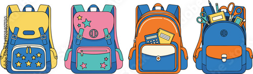 Colorful school backpacks collection with books and stationery supplies isolated on white background flat vector illustration