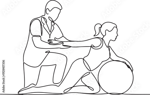 Therapist assisting pregnant woman with exercise on a large exercise ball during prenatal session