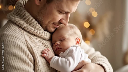 A loving father holding his sleeping newborn baby close to his chest. A tender moment of paternal love and care. Fatherhood and family bonding concept