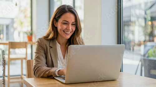 Smiling Businesswoman Working on Laptop in Modern Cafe Free Download Smiling Businesswoman Working on Laptop in Modern Cafe - GFXLoad