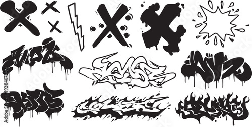Black graffiti tags and symbols on white background