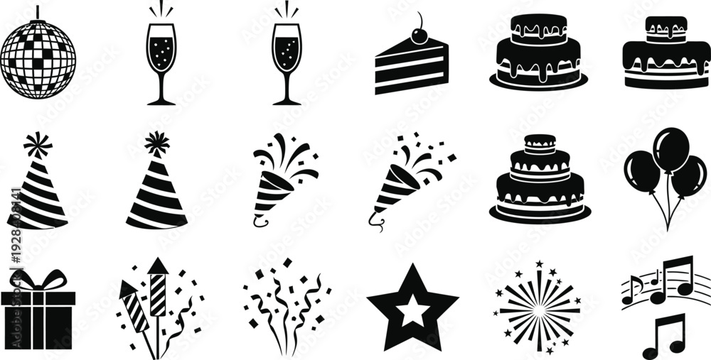 Fototapeta premium Black and white illustration of various birthday party icons and symbols