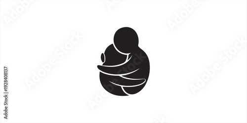 Two characters embracing and hugging. Thin line vector icon illustration for concepts of love, family, romance, support, empathy, compassion, mental health, and friendship.