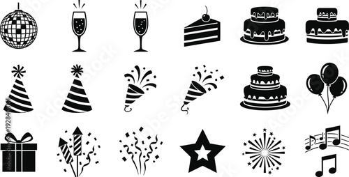 Black and white illustration of various birthday party icons and symbols