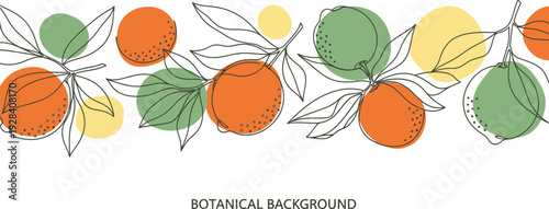 Illustrated botanical border with repeating pattern of stylized oranges and leaves, rendered in a vibrant color palette and clean line art style