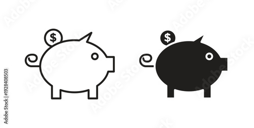 Piggy bank icon style design pack on white background. Thin line and clipart style