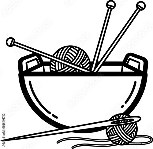 Knitting bowl with yarn and needles on white background