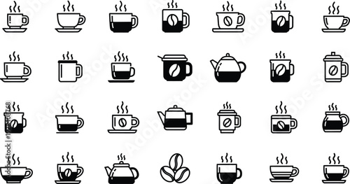 Collection of various coffee cup icons in black and white