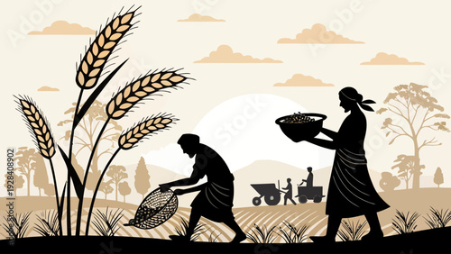 Farmers harvesting wheat in a field at sunset with a tractor and rural landscape, illustrating agricultural work and abundance.