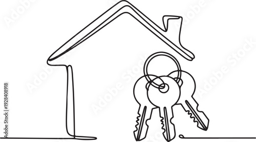 Continuous line drawing of house keys in front of a home outline from a front view