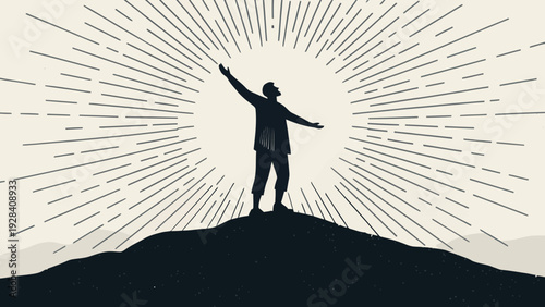 Silhouette of a person with arms outstretched on a hilltop, basking in the radiant glow of a stylized sun, conveying gratitude and serenity.