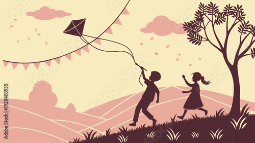Two children's silhouettes flying a kite on rolling hills at dusk, with a tree and distant landscape, evoking childhood freedom and play.
