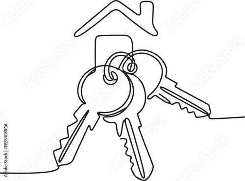Continuous line drawing of keys with house keyring symbolizing home ownership and security from a straightforward viewpoint
