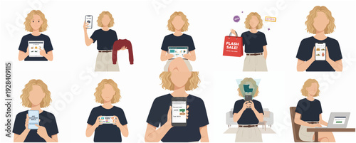 Minimalist Faceless Woman Doing Online Shopping Activities Flat Illustration