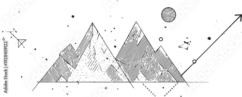 Stylized mountain peaks with celestial and directional
