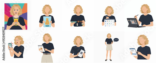 Flat Style Detailed Woman Illustration Using Various Gadgets Technology Set
