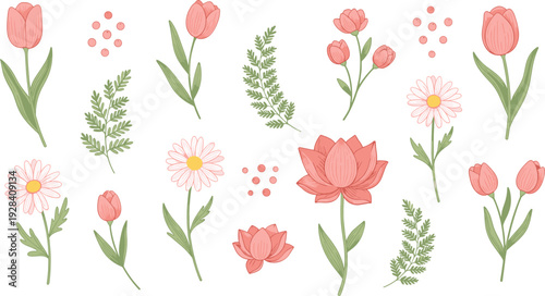 Delicate pink floral collection with tulips daisies lotus flowers and greenery vector illustration set