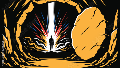 Silhouette of person standing in cave opening with bright light and colorful explosion, symbolizing new beginnings and overcoming darkness.