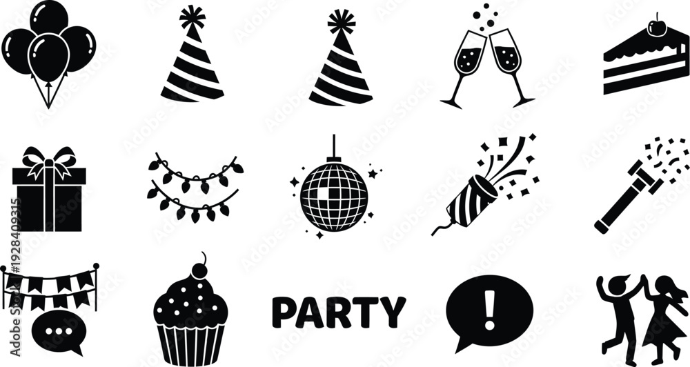 Naklejka premium Black and white party icons and symbols