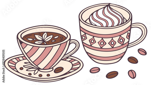 Charming flat illustration of two cups of coffee or hot chocolate with decorative patterns and coffee beans.
