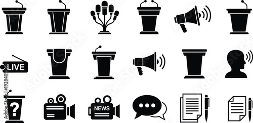 Collection of black and white media and broadcasting icons