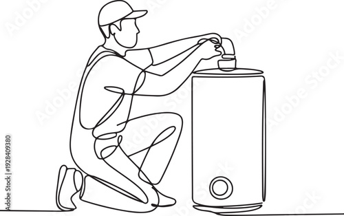 Man adjusting water heater valve in a kneeling position for maintenance purposes illustration