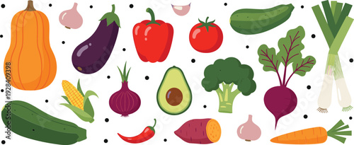 Fresh vegetables collection with pumpkin, pepper, broccoli, carrot and organic farm produce flat vector illustration set