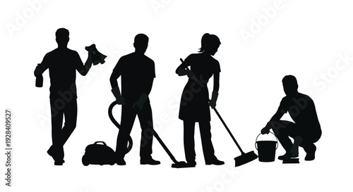 Silhouettes of people performing various cleaning tasks in a minimalist style