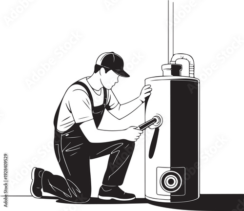 Man inspecting water heater with a tool in a kneeling position