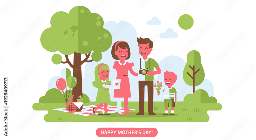 Fototapeta premium Joyful Family Enjoying a Sunny Day Picnic with Colorful Balloons Presenting Flowers and a Handmade Card to Mother