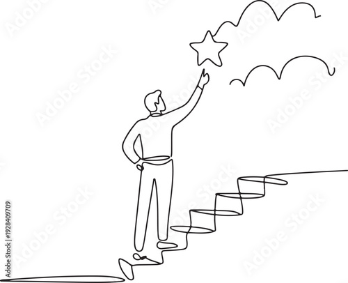 Man climbing stairs to reach a star, standing on steps, continuous line drawing, simple illustration, vector art