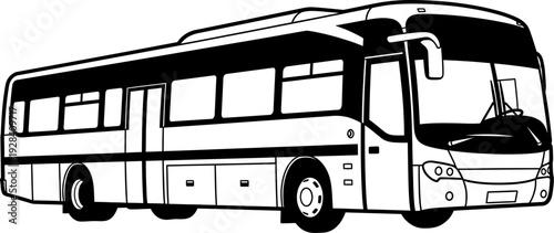 A black and white illustration of a large passenger bus