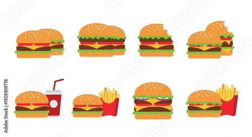 Colorful cartoon illustrations of burgers fries and a soft drink set