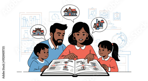 Diverse Family Exploring Their Ancestral History and Heritage Through an Open Book on a Table with Globe and Bookshelf Background
