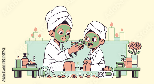 Mother and Child Enjoying a Spa Day Together Applying Face Masks and Wearing Bathrobes and Towels Serene Spa Ambiance with Candles and Bath Items