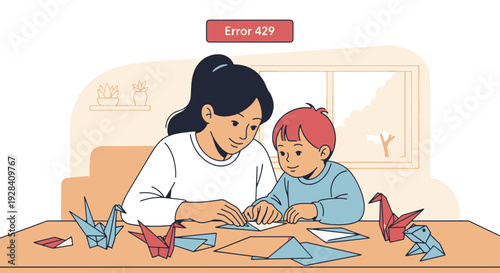 Mother and Child Happily Folding Colorful Origami Paper Cranes and Frogs on a Wooden Table Near a Window with Plants