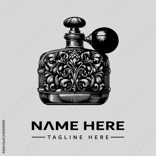 A black and white vintage engraving of a perfume bottle with an ornate design and a spherical atomizer on a plain background, featuring placeholder text for a name and tagline.