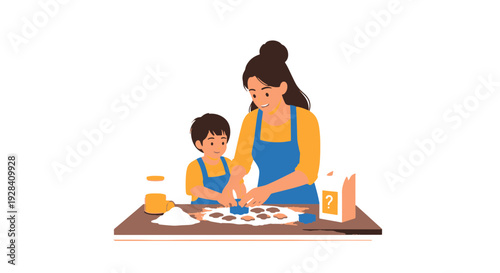 Mother and Son Happily Baking Cookies Together at a Table Covered with Flour and Dough Using Cookie Cutters