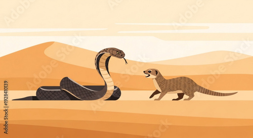 Desert scene with a snake and a mongoose facing each other in a sandy landscape