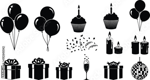 Black and white illustration of birthday party icons and decorations