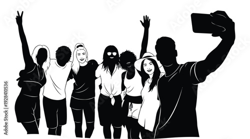 Black and white silhouette of a group of people with arms raised in celebration or protest