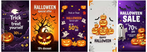 Halloween sale banners with pumpkins and spooky decorations