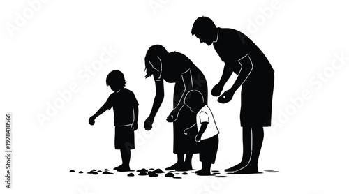 Silhouette of a family with a child playing outdoors on a sunny day with parents