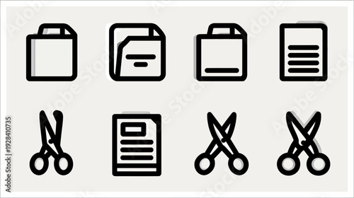 Outline vector icons set of office documents, folders, and scissors for file management and cutting functions in UI design.