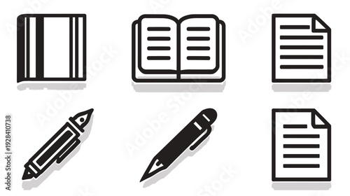 Education and office vector icons set: stack of books, open book, documents, fountain pen, and pencil line art graphics.