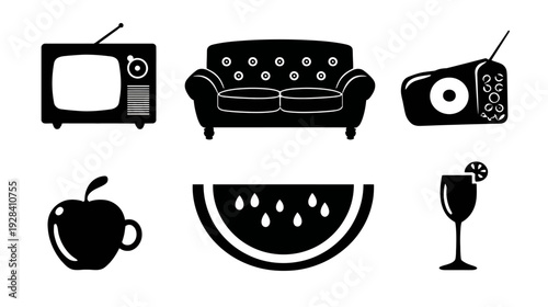 Black silhouette icon set featuring home electronics, living room furniture, fruit, and refreshing drink on white background