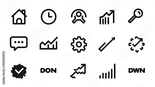 Business and data analytics line icons set for web interface, financial reports, growth statistics, and digital management.