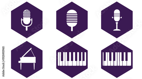 Vector set of music and audio icons with studio microphones and grand pianos on purple hexagonal backgrounds, creative graphic elements.